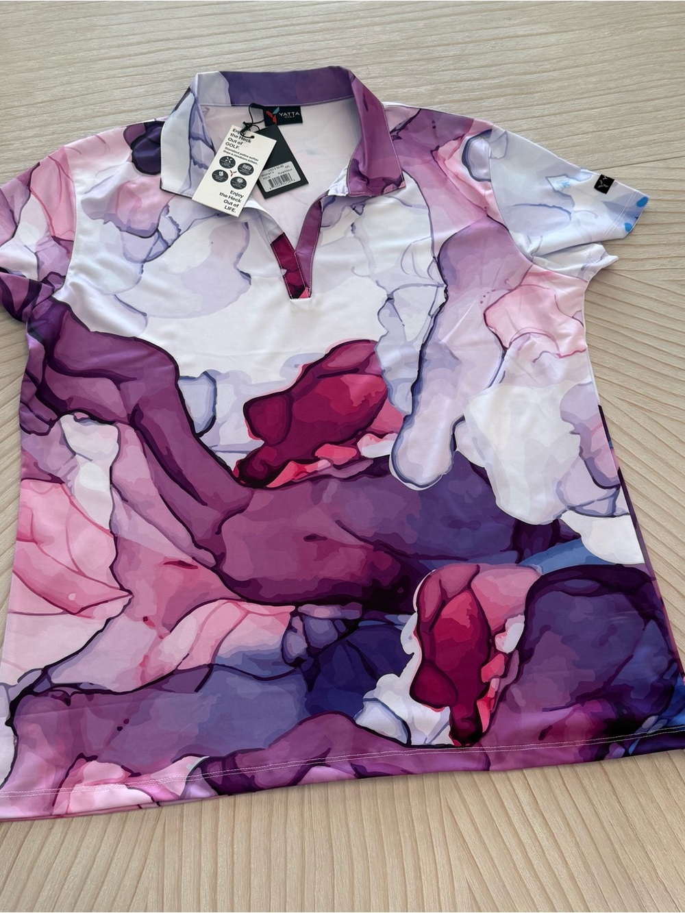 Yatta Golf Women's Short-Sleeve Polo in Pink & Purple Abstract Print